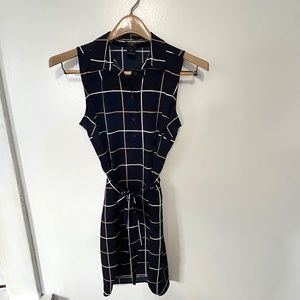 Ann Taylor Blue Tan Plaid Sleeveless Career Collar Shirt Dress Tie Belt Front